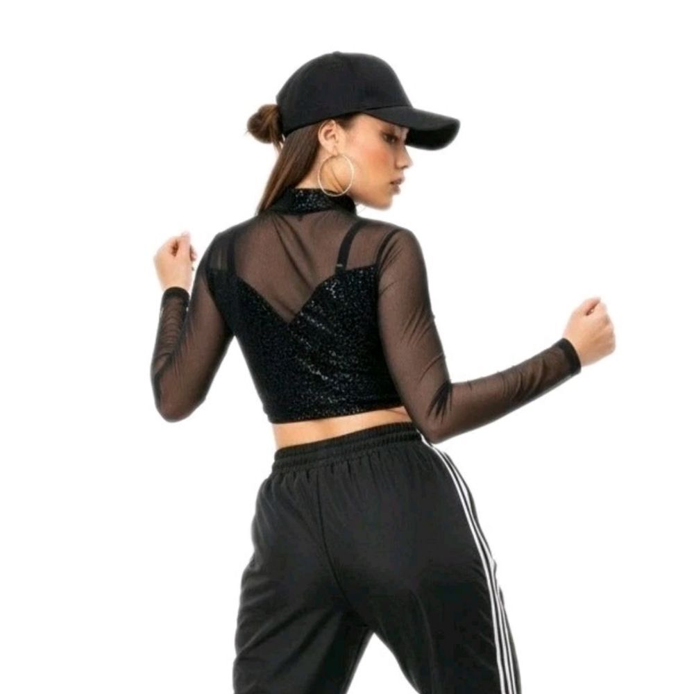 Body Wrappers VTG Mesh Velvet LS Mock Neck Dance Midriff Bling Top Preteen (XS) - Picture 2 of 16